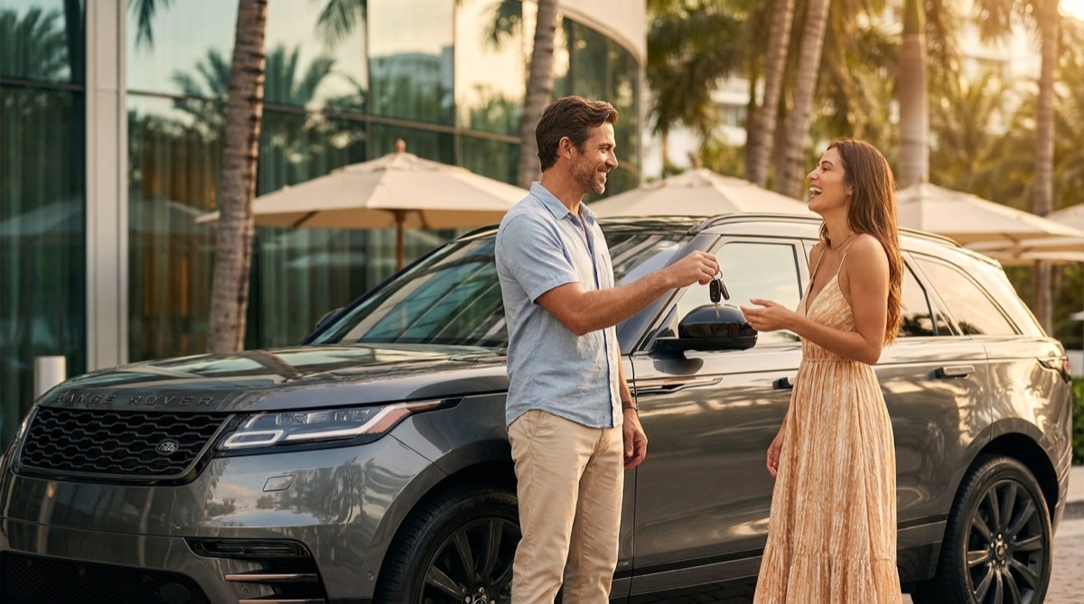 Archies owner handing car keys to a happy customer beside a luxury SUV at a sunny Miami valet