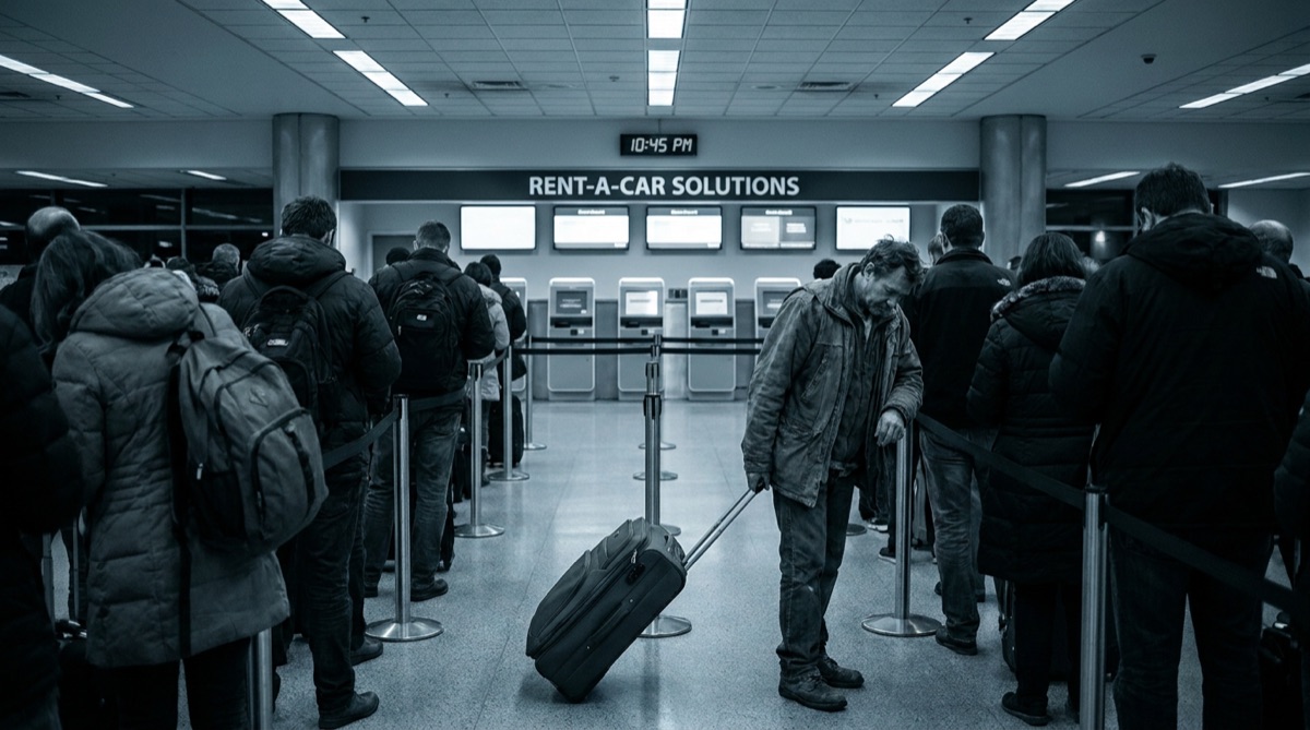 Long line of travelers waiting at a crowded airport car rental counter